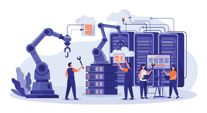 Advanced robotic arms assist professional IT technicians in managing data storage and server maintenance within a high-tech facility.