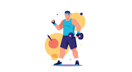 Obraz premium Strong male bodybuilder in athletic wear confidently lifts a heavy dumbbell against a modern background of colorful geometric circles.
