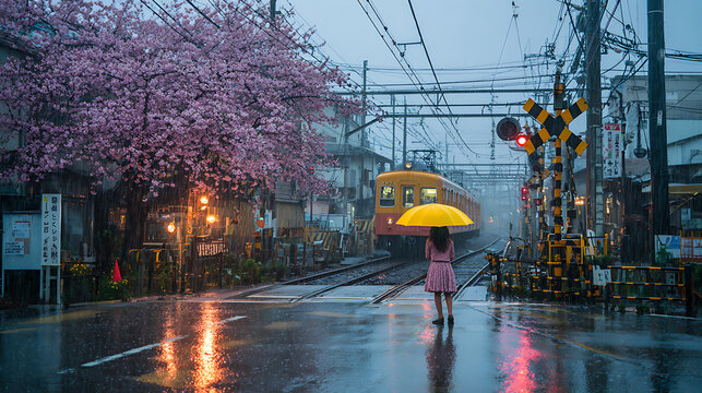 A woman with a yellow umbrella standing at a rainy train crossing in japan