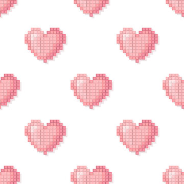 Retro heart container pixel art seamless pattern, 8 bit pink geometric love heart cartoon background on white for gaming fabric design