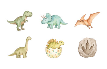Watercolor dinosaur icon set isolated on white background © Dwi