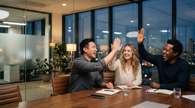 Diverse startup team celebrating success with high-five in modern corporate boardroom