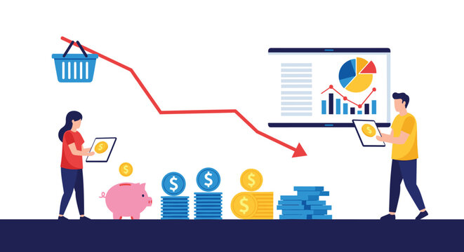 Conceptual illustration of an economic crisis showing a sharp falling red graph alongside a shopping basket and decreasing savings.