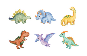 Watercolor cute dinosaur icon set isolated on white background © Dwi