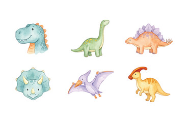 Watercolor cute dinosaur icons collection set isolated on white background © Dwi