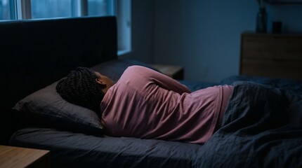 Fototapeta premium African American woman sleeping peacefully in her cozy dark bedroom at night.