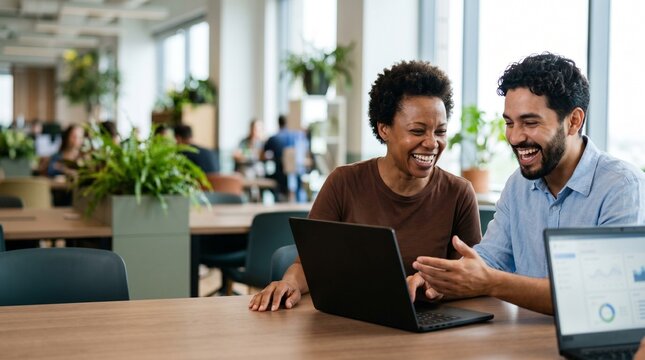 Diverse Black woman and Latino man celebrate success on laptop in modern co-working office with plants
