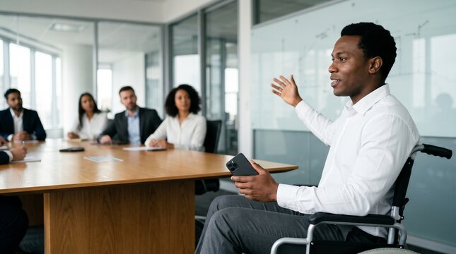 Confident Black male professional in wheelchair presenting to diverse colleagues in modern corporate boardroom.