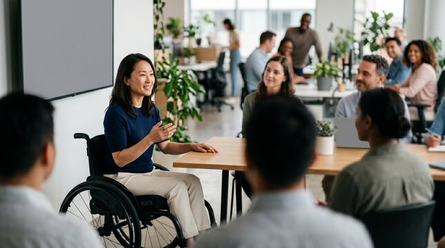 Asian female executive in wheelchair leading diverse team meeting at modern co-working space.