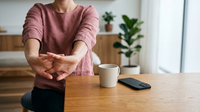 Woman stretching wrists at desk for office wellness and ergonomics