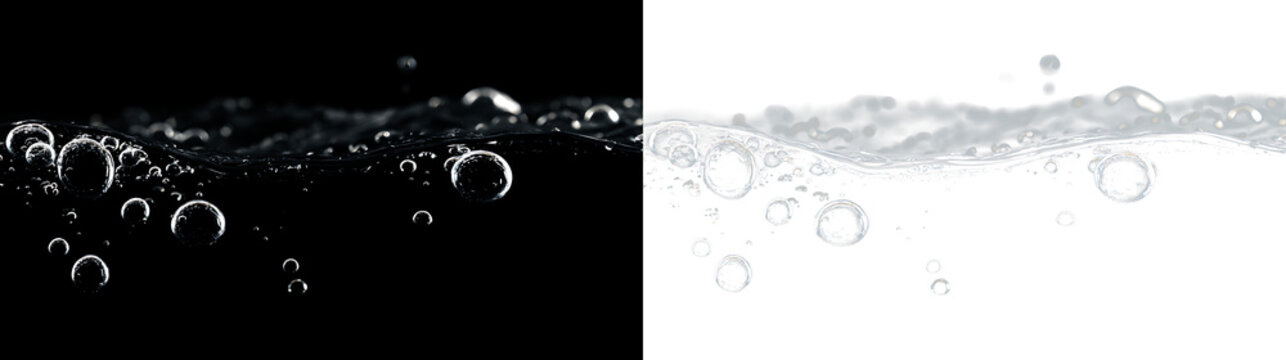 Water bubbles shown isolated on transparent and black background with contrasting colors in motion and various sizes in clear contact, light overlay, PNG