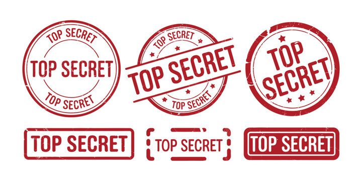 Top secret stamps, red grunge rubber seals, confidential markings, security labels, distressed approval badges, isolated vector desig
