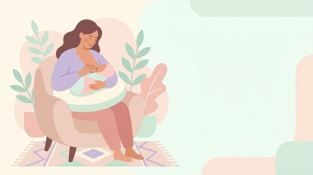A mother holds her baby while breastfeeding in a cozy chair, surrounded by a soothing environment with plants and soft colors