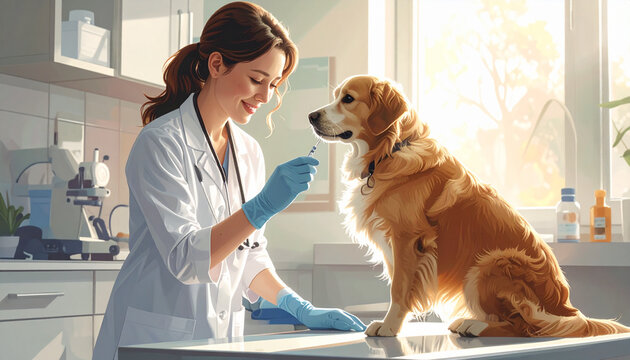 Female Veterinarian Examining Golden Retriever in Modern Clinic