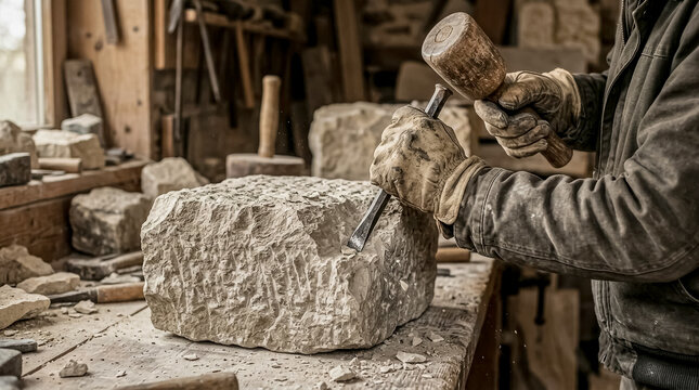 Skilled artisan shaping stone block using hammer and chisel in rustic workshop setting.
