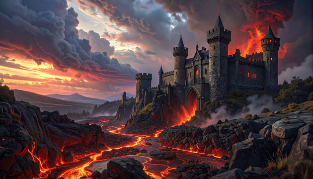 Epic Gothic Castle with Glowing Lava River at Dramatic Sunset
