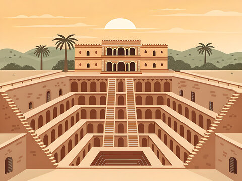 Rani ki Vav ancient stepwell  layered stair geometry  modern flat illustration  limited earthy colors  minimalist vector  strong composition  travel poster style