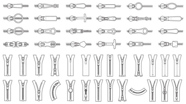 Zipper Parts and Pulls Set &mdash; Vector Line Art of Sliders, Pulls, Teeth and Fasteners
