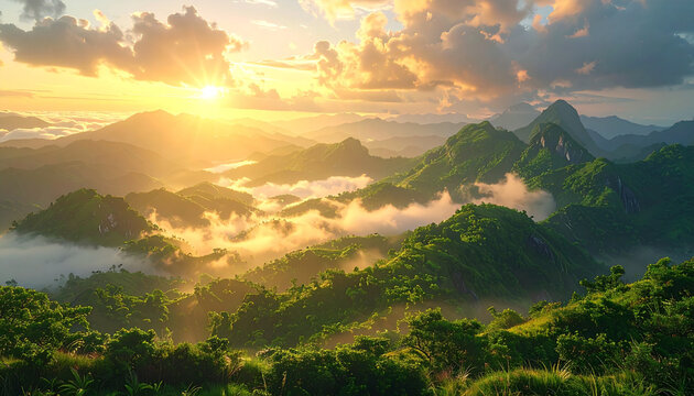 Golden Sunrise Over Lush Green Mountain Ranges with Misty Valleys
