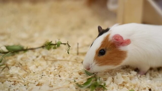 Close-up of a cute, hungry little cavy chewing on a fresh green plant sprig in its cage