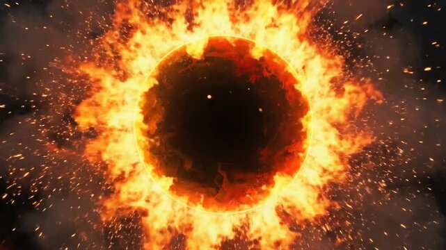 A glowing circular ring of intense fire on dark background