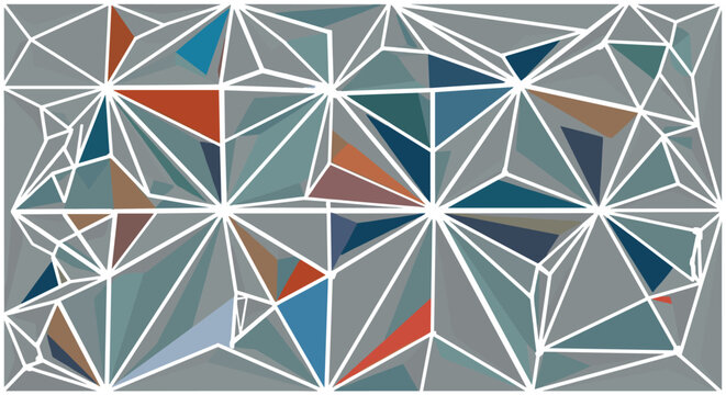 Complex low poly geometric pattern incorporates grey triangles with occasional pops of orange, blue, and brown color.
