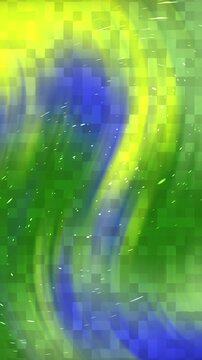 Dynamic abstract background with swirling green, yellow, and blue colors and pixelated texture.