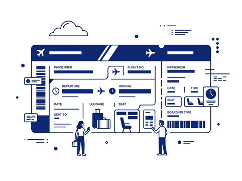 flat illustration of an airline boarding pass with passengers and luggage, air travel booking, flight ticket management, tourism services, digital checkin