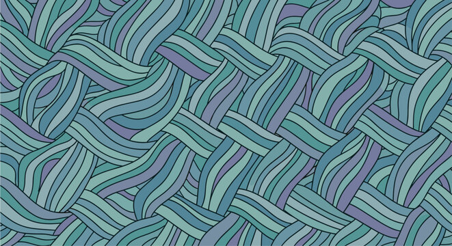 Intricate woven pattern features bands of wavy parallel lines in various shades of teal, blue, and deep purple.
