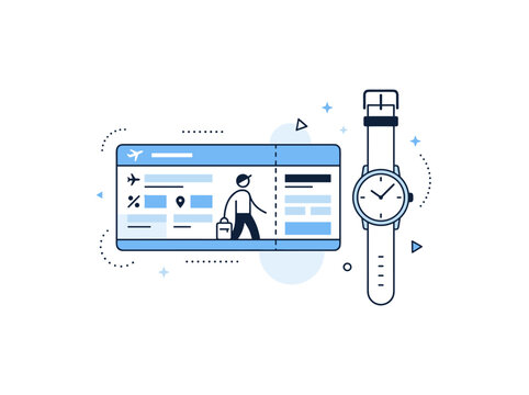 flat line vector illustration of boarding pass and wristwatch representing travel planning, departure time, punctuality, tourism, trip scheduling and vacation preparation