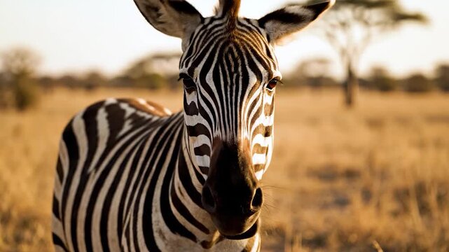 A zebra stands in the golden light of the African savanna