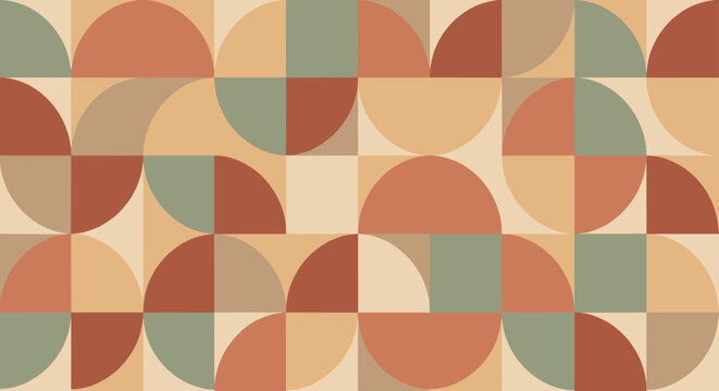 Retro geometric mosaic composed of semi circles and squares in a sophisticated palette of terracotta, sage, and cream.