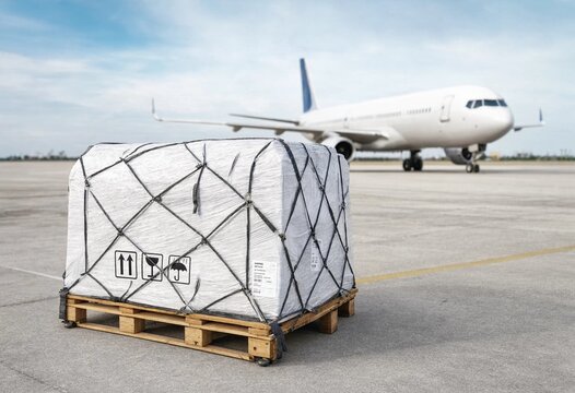 Wrapped pallet cargo sits on airport tarmac with blurred airplane in background representing global air freight logistics, shipment handling, and commercial aviation distribution operations industry