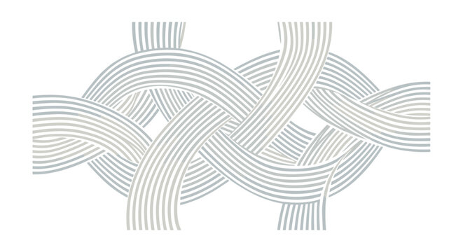 Stylized interweaving bands made of multiple parallel grey lines create a sense of texture and depth on white.