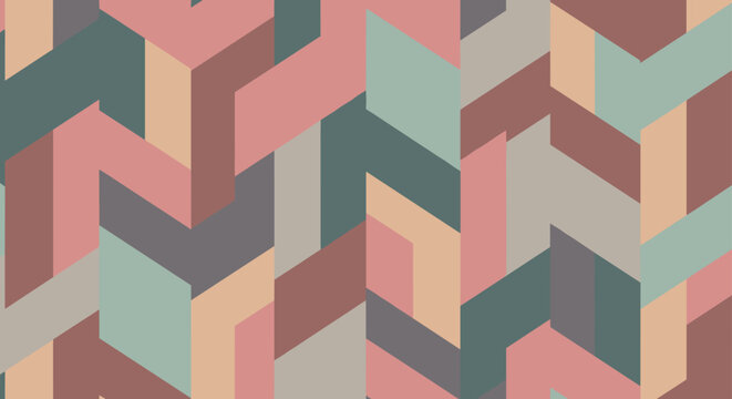 Isometric geometric pattern consists of interlocking blocks and shapes in a sophisticated palette of muted earth tones.