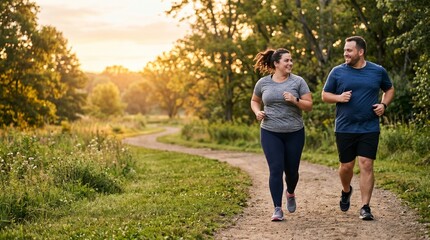 Fototapeta premium Plus-size woman and man jogging together on scenic outdoor trail promoting health and fitness