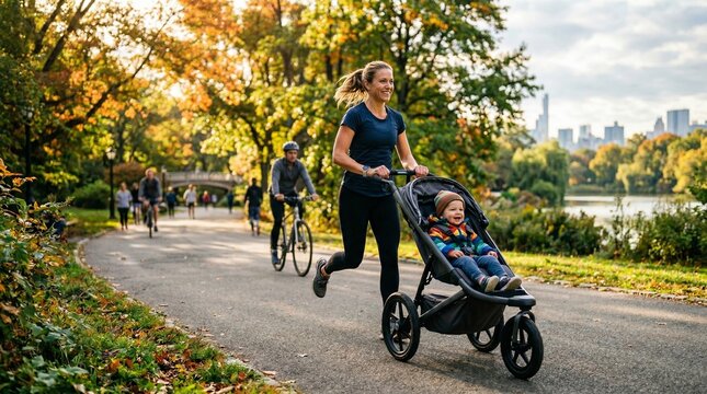 Fit mother jogging with happy toddler in stroller on autumn park path