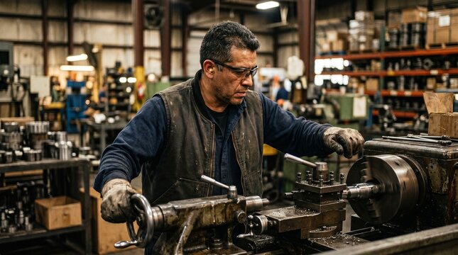 Technician operating lathe machine in industrial workshop