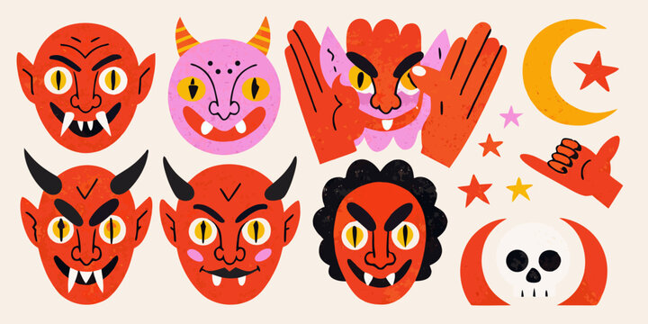 Red Devil And Demon Character Collection Textured Vector Illustration