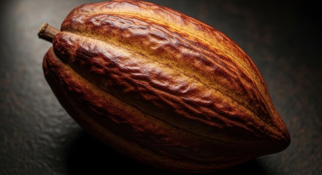 Close-up of a ripe cacao pod, raw ingredient for chocolate