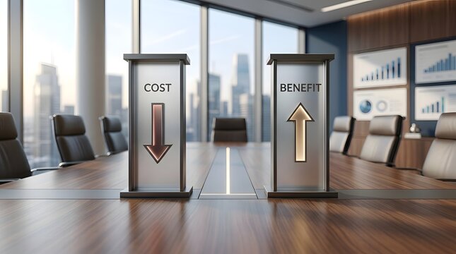 Cost and Benefit comparison visualized with down and up arrows on a modern conference table in a boardroom setting.