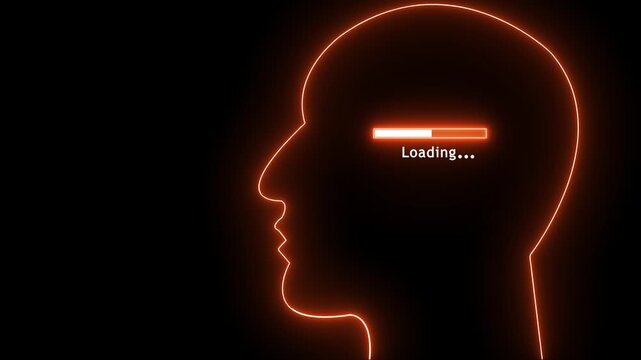 Neon human head silhouette with loading bar and MEMORY text icon signifying life balance, neon animation of a human head with updating progress and balance text image with ...