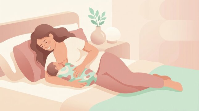 A mother is nursing her baby while lying on a bed. Soft colors and simple surroundings create a warm feeling in the room.