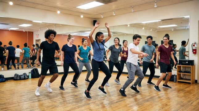 Diverse students dancing collaboratively in modern dance studio with mirrors.
