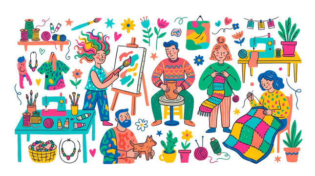 Creative Hobbies: Art, Pottery, Knitting, Sewing, Crafting - Diverse People Making Art