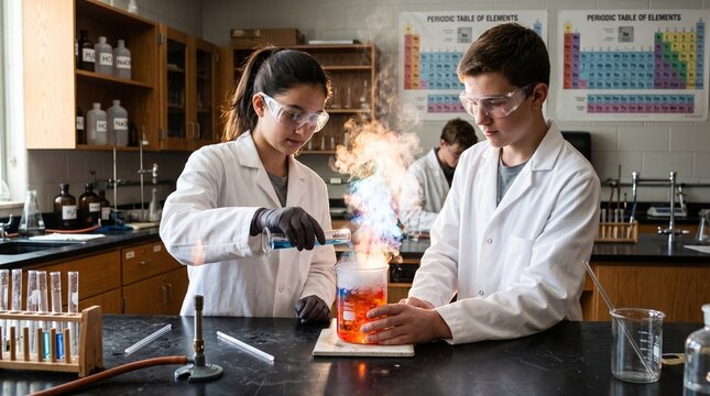 Diverse teenage students in lab coats conduct explosive chemistry experiment in modern science classroom.
