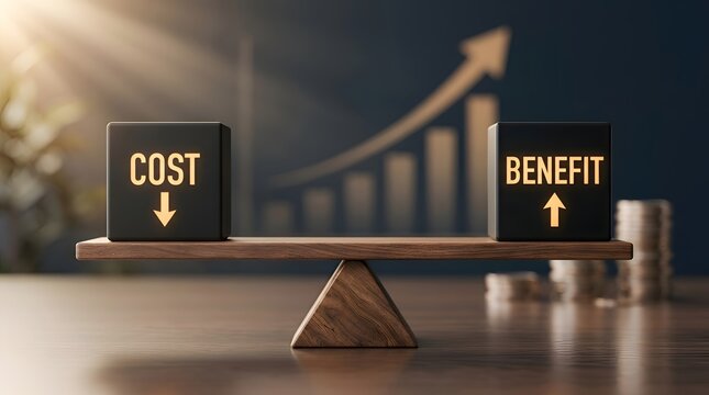 Balancing act of cost reduction and benefit increase shown on a balance scale with financial growth chart background