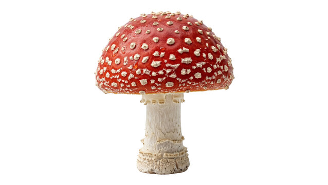 Poisonous fly agaric mushroom with red cap and white spots isolated on transparent background wild fungal specimen for botanical studies and nature themed graphics