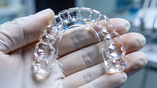 Extreme close-up of a dentist's hand in a medical glove holding a clear transparent dental splint. TMJ treatment concept