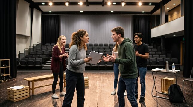 Diverse students rehearsing drama scene with scripts on modern theater stage.